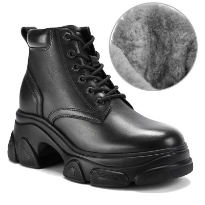 CMR CHAMARIPA 9CM נעל מגביהה - מגפי נשים מזדמנים מעור שחור עם בטנת פרווה